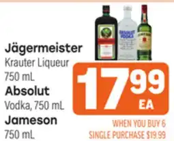 Tony’s Fresh Market Jägermeister Krauter Liqueur 750 mL., Absolut Vodka, 750 mL., Jameson offer