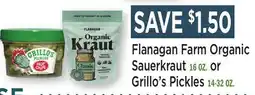 Heinen's Flanagan Farm Organic Sauerkraut 16 OZ. or Grillo's Pickles 14-32 OZ offer