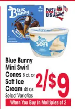 Jewel-Osco Blue Bunny Mini Swirl Cones 8 ct. or Soft Ice Cream 46 oz offer