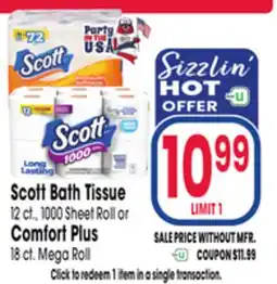 Jewel-Osco Scott Bath Tissue 12 ct., 1000 Sheet Roll or Comfort Plus 18 ct. Mega Roll offer