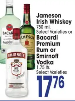 Jewel-Osco Jameson Irish Whiskey 750 ml. or Bacardi Premium Rum or Smirnoff Vodka 1.75 ltr offer