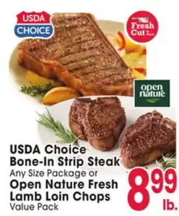 Jewel-Osco USDA Choice Bone-In Strip Steak Any Size Package or Open Nature Fresh Lamb Loin Chops Value Pack offer