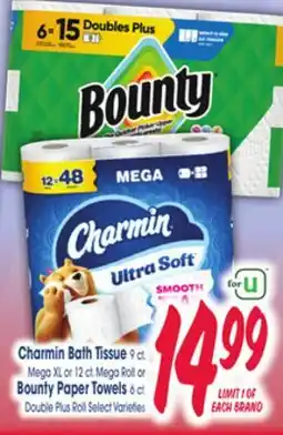 Jewel-Osco Charmin Bath Tissue 9 ct or Mega XL or 12 ct Mega Roll or Bounty Paper Towels 6 ct Double Plus Roll offer