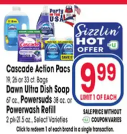 Jewel-Osco Cascade Action Pacs, Dawn Ultra Dish Soap, Powersuds 38 oz. or Powerwash Refill offer