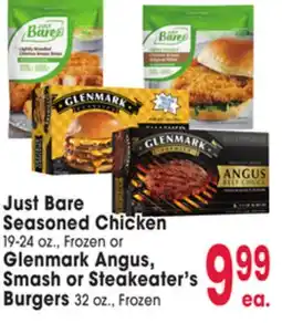 Jewel-Osco Just Bare Seasoned Chicken 19-24 oz., Frozen or Glenmark Angus, Smash or Steakeater's Burgers offer