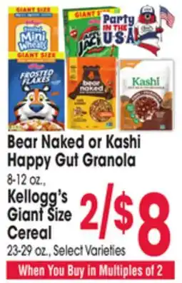 Jewel-Osco Bear Naked or Kashi Happy Gut Granola 8-12 oz., Kellogg's Giant Size Cereal 23-29 oz offer