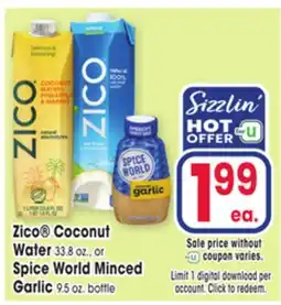 Jewel-Osco Zico Coconut Water 33.8 oz., or Spice World Minced Garlic 9.5 oz. bottle offer