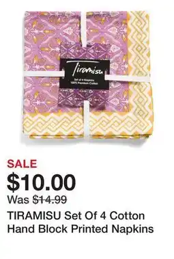 Marshalls TIRAMISU Set Of 4 Cotton Hand Block Printed Napkins offer