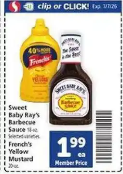 Safeway Sweet Baby Ray's Barbecue Sauce & French's Yellow Mustard offer