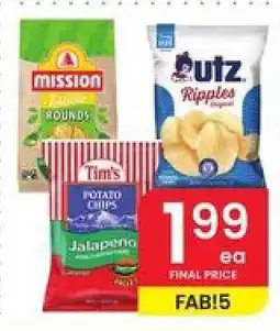 Albertsons Mission Tortilla Rounds, Utz Ripples Original, Tim's Potato Chips Jalapeno offer
