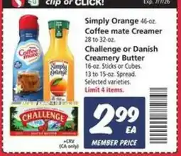 Safeway Simply Orange, Coffee mate Creamer, Challenge or Danish Creamery Butter offer