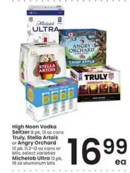 Albertsons High Noon Vodka Seltzer, Truly, Stella Artois, Angry Orchard, Michelob Ultra offer