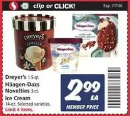Safeway Dreyer's 1.5-qt, Häagen-Dazs Novelties 3-ct Ice Cream offer