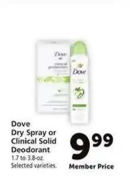Safeway Dove Dry Spray or Clinical Solid Deodorant offer