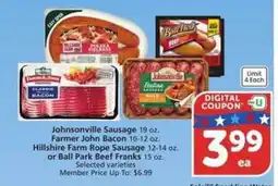 Albertsons Johnsonville Sausage, Farmer John Bacon, Hillshire Farm Rope Sausage, Ball Park Beef Franks offer