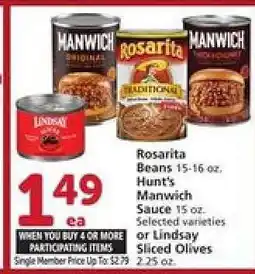 Albertsons Rosarita Beans, Hunt's Manwich Sauce, or Lindsay Sliced Olives offer