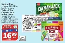 Albertsons Smirnoff Ice, Twisted Tea, Cayman Jack, White Claw or Topo Chico offer