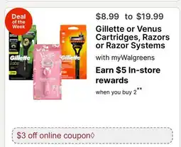 Walgreens Gillette or Venus Cartridges, Razors or Razor Systems offer