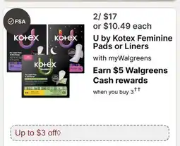 Walgreens U by Kotex Feminine Pads or Liners offer