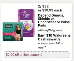 Walgreens Depend Guards, Shields or Underwear or Poise Pads offer