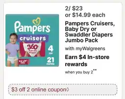 Walgreens Pampers Cruisers, Baby Dry or Swaddler Diapers Jumbo Pack offer