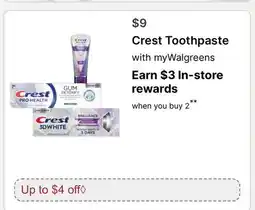 Walgreens Crest Toothpaste offer