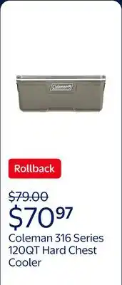 Walmart Coleman 316 Series 120QT Hard Chest Cooler, Silver Ash offer
