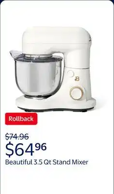 Walmart Beautiful 3.5 Qt Stand Mixer, White Icing with Flat Beater, Dough Hook, Balloon Whisk offer