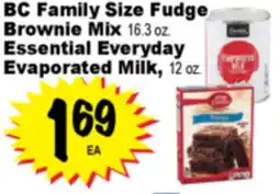 Superior Grocers BC Family Size Fudge Brownie Mix 16.3 oz. Essential Everyday Evaporated Milk, 12 oz offer