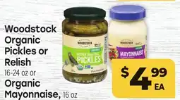 Tony’s Fresh Market Woodstock Organic Pickles or Relish, 16-24 oz or Organic Mayonnaise, 16 oz offer