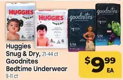 Tony’s Fresh Market Huggies Snug & Dry, 21-44 ct or Goodnites Bedtime Underwear 9-11 ct offer