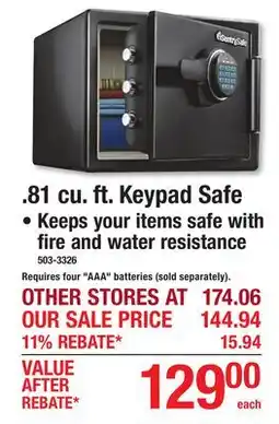 Menards 81 cu. ft. Keypad Safe offer
