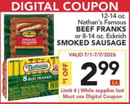 Pete's Fresh Market Nathan's Famous BEEF FRANKS or 8-14 oz. Eckrich SMOKED SAUSAGE offer