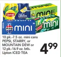 Pete's Fresh Market 10 pk.-7.5 oz. mini cans PEPSI, STARRY, or MOUNTAIN DEW or 12 pk.-16.9 oz. btls. Lipton ICED TEA offer