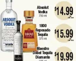 Big Saver Foods Absolut Vodka 750 ml, 1800 Reposado Tequila 375 ml, Maestro Doble Tequila Diamante 375 ml offer