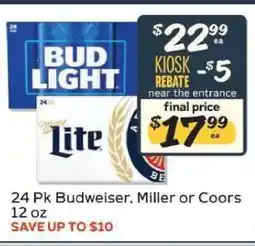 Winn Dixie 24 Pk Budweiser, Miller or Coors 12 oz offer