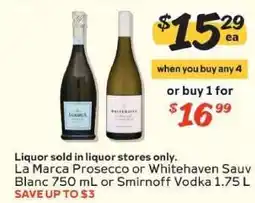 Winn Dixie La Marca Prosecco or Whitehaven Sauv Blanc 750 mL or Smirnoff Vodka 1.75 L offer
