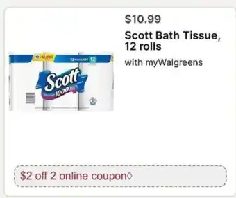 Walgreens Scott Bath Tissue, 12 rolls offer