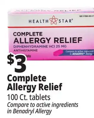 Ocean State Job Lot Health Star 25 mg Complete Allergy Relief 100 Tablets offer