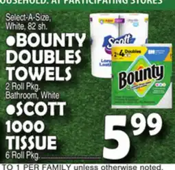 Bravo Supermarkets BOUNTY DOUBLES TOWELS, SCOTT 1000 TISSUE offer