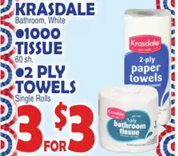 Bravo Supermarkets KRASDALE 1000 TISSUE or 2 PLY TOWELS offer