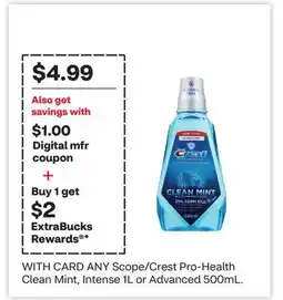 CVS ANY Scope/Crest Pro-Health Clean Mint, Intense 1L or Advanced 500mL offer