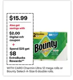 CVS Charmin Ultra 12 mega rolls or Bounty Select-A-Size 6 double rolls offer