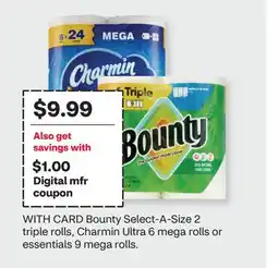 CVS Bounty Select-A-Size 2 triple rolls, Charmin Ultra 6 mega rolls or essentials 9 mega rolls offer