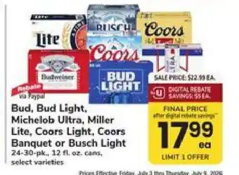 Safeway Bud, Bud Light, Michelob Ultra, Miller Lite, Coors Light, Coors Banquet or Busch Light offer