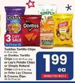 Safeway Tostitos, Doritos, Lay's, Simply Natural Chips or Frito Lay Cheese & Creamy Dips offer