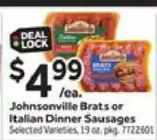 Stop&Shop Johnsonville Brats or Italian Dinner Sausages offer
