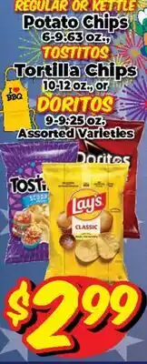 Western Beef REGULAR OR KETTLE Potato Chips 6-9.63 oz., TOSTITOS Tortilla Chips 10-12 oz., DORITOS 9-9.25 oz offer
