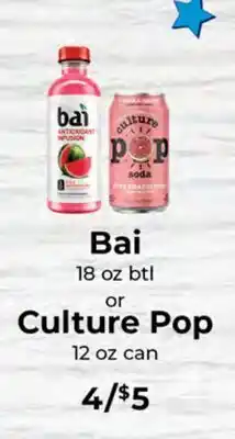 Sunset Foods Bai 18 oz btl or Culture Pop 12 oz can offer