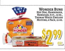 Trade Fair Supermarket Wonder Buns Hot Dog, Hamburger, Hawaiian, 8 ct., 15 OZ., Thomas White English Muffins, 6 Pack, 12 OZ offer